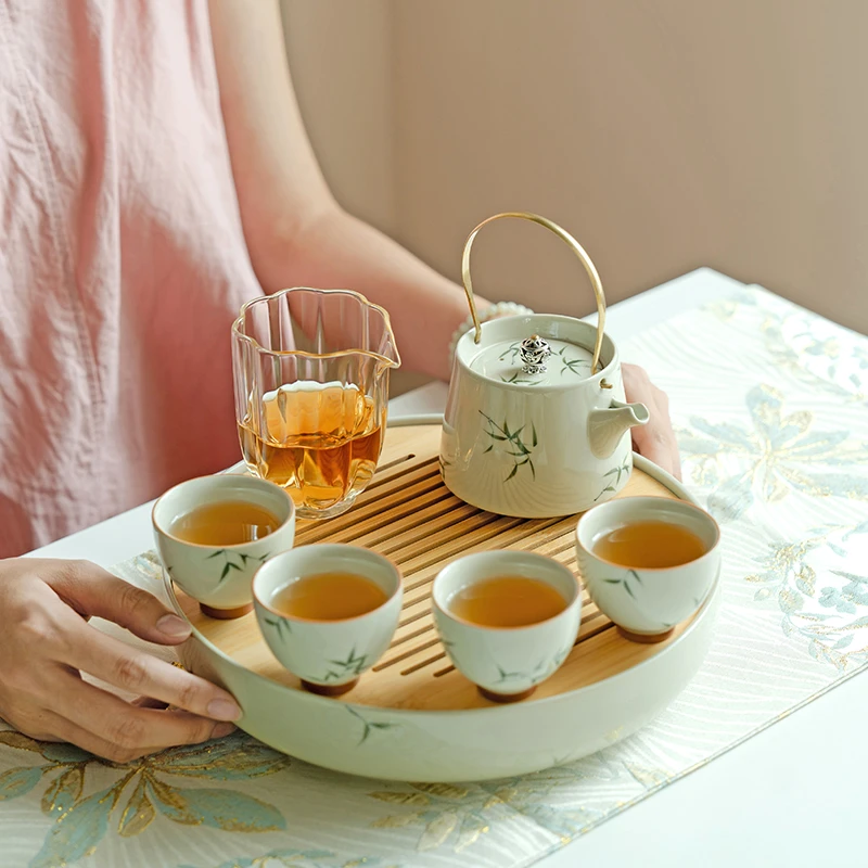 赞朴提梁壶功夫茶具套装整套家用陶瓷手绘筱竹茶壶茶杯茶盘礼盒装