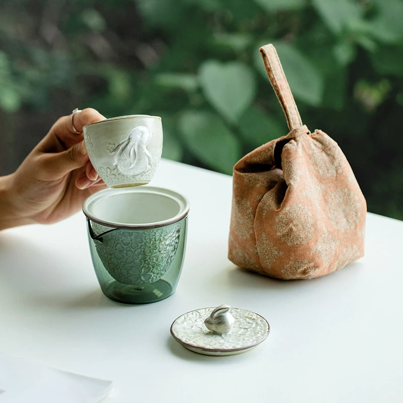 纯手绘描银旅行茶具套装创意浮雕功夫茶具便携式随身包快客