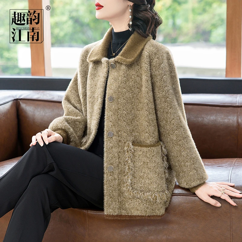 妈妈装秋季新款流苏毛外套中老年女时尚宽松夹克上衣