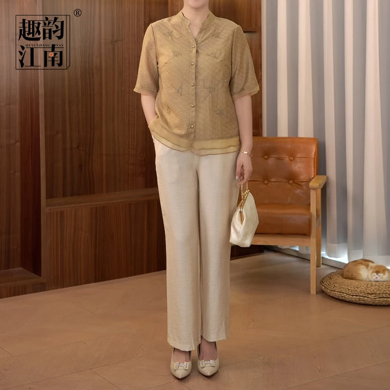 趣韵江南妈妈装夏季薄款小衫套装中老年女时尚休闲宽松两件套