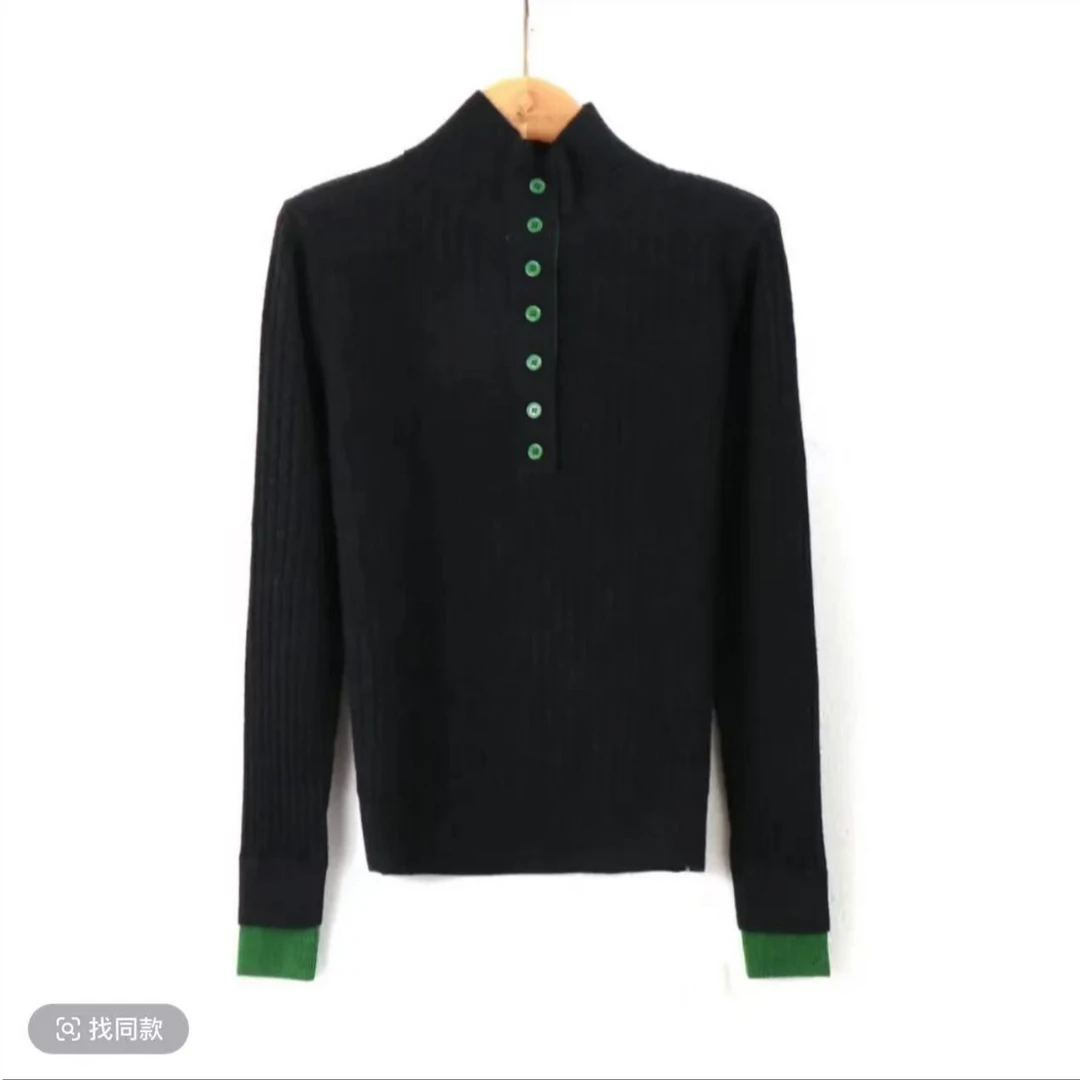 7扣假两件针织衫女秋冬季2024新款半高领打底衫内搭上衣