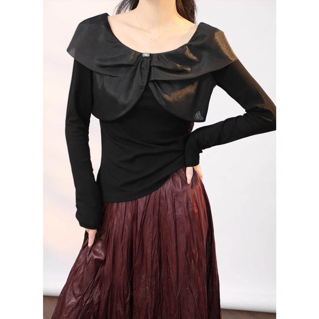 白鹿语秋款时尚气质套头披肩式大圆领上衣修身长袖T恤女BL10413