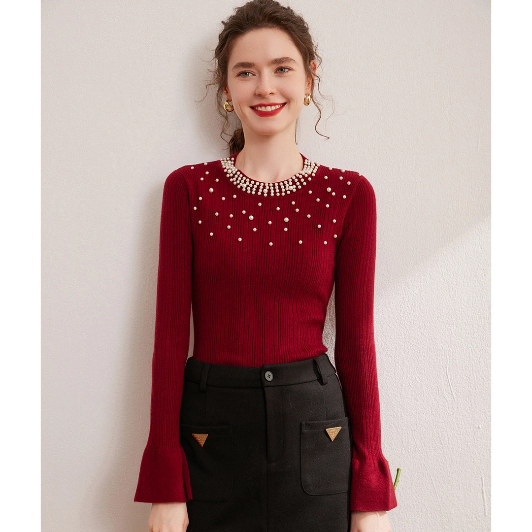 白鹿语秋款气质时尚百搭圆领钉珠修身长袖针织衫女BL10007
