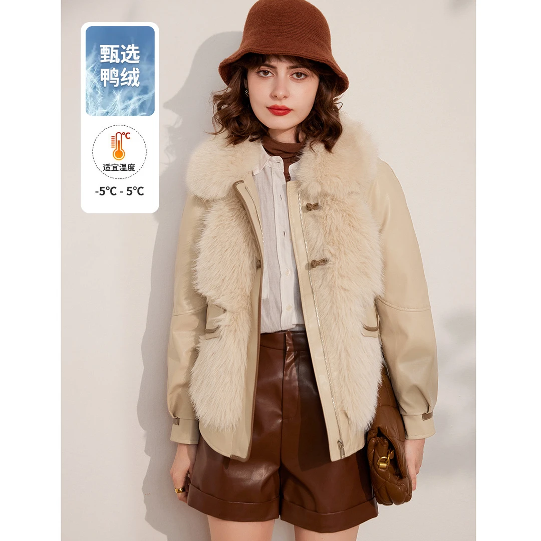 白鹿语冬款时尚保暖锁温长袖气质拼接仿皮草羽绒服外套女HX10107