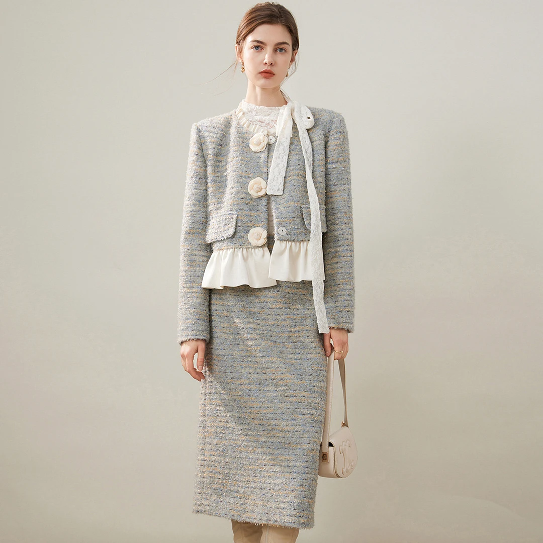 白鹿语冬女装时尚粗花呢两件套荷叶边下摆套装女WBX10092