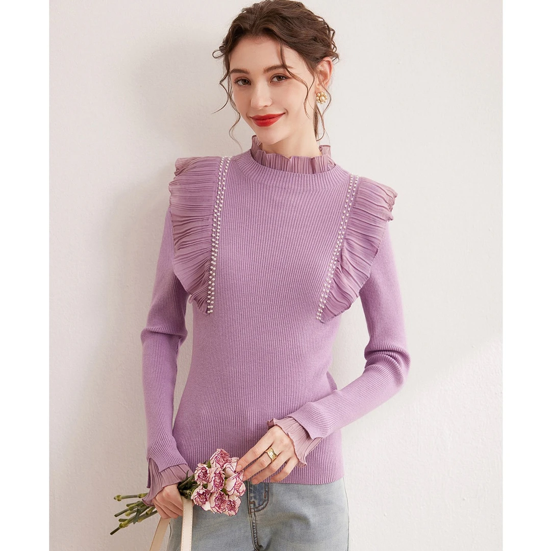 白鹿语秋冬款优雅高领拼接花边钉珠修身长袖针织衫BX10039