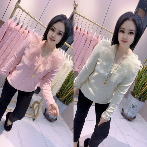 【娟姐精选】8023欧货蕾丝飞飞领时尚针织衫