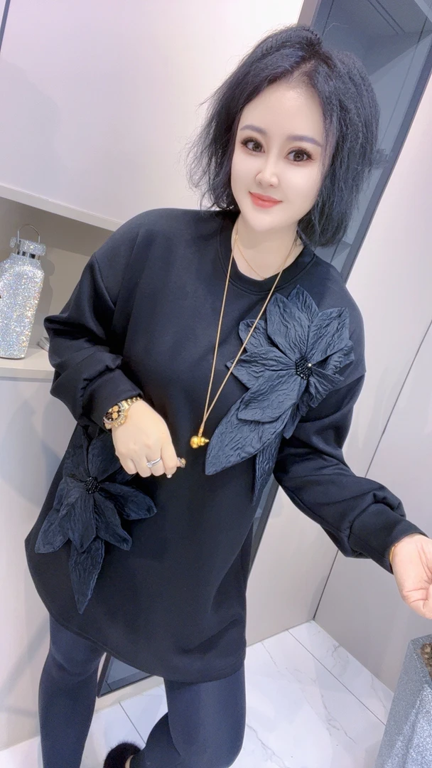 【娟姐精选】2474欧货重工大花朵时尚欧版长袖体恤