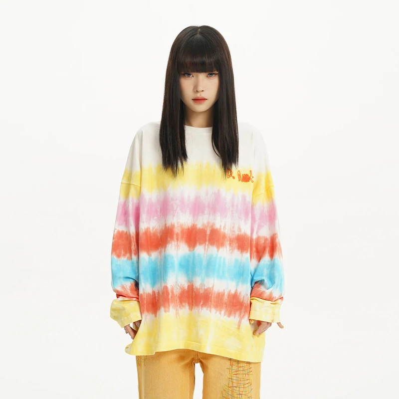 DNT/韩火火 个性撞色初春多巴胺扎染渐变色毛线袖长袖圆领T恤2024