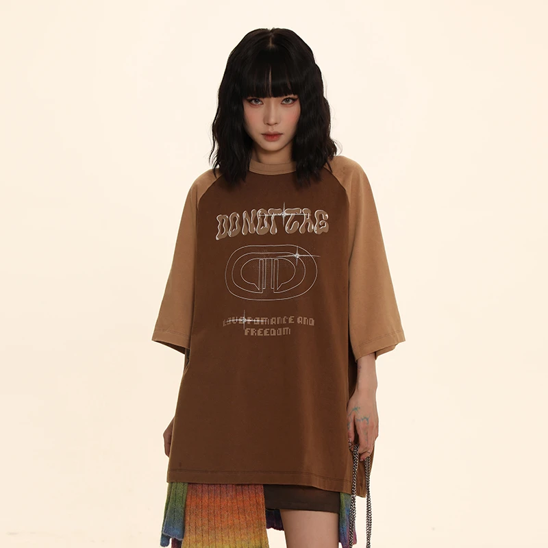 DNT/韩火火 复古创意印花拼色插肩短袖T恤圆领休闲宽松街头夏季新
