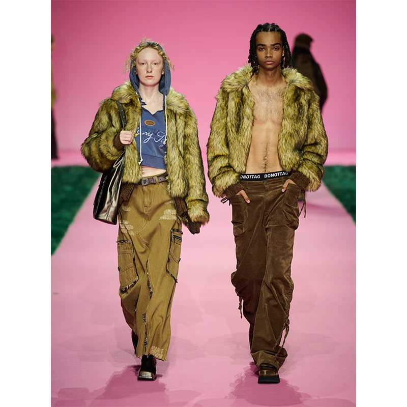 【秀款】DNT/韩火火 美拉德毛毛拼接毛绒外套翻领个性保暖冬季新