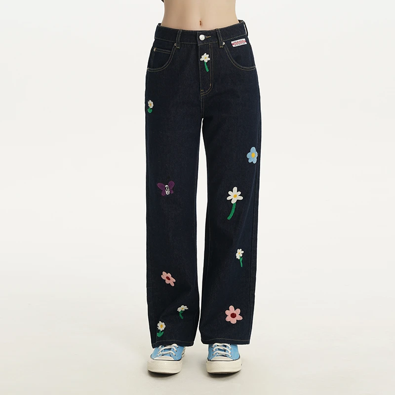 TIPSEVEN 原创设计个性俏皮蝴蝶小花刺绣直筒牛仔裤2024春季自卖