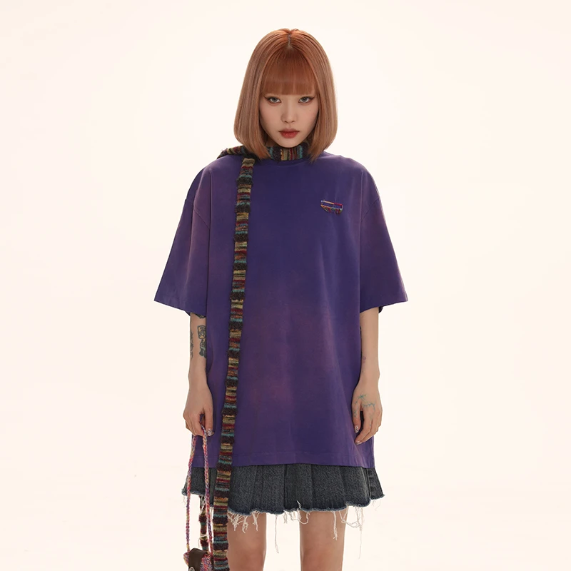 DNT/韩火火 复古水洗喷马骝刺绣字母流苏短袖T恤女2023夏季新款