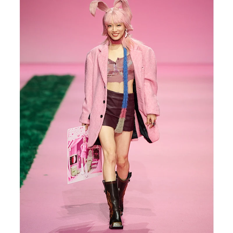 【秀款】DNT/韩火火粉色毛呢西服外套高级感宽松甜美百搭秋冬新