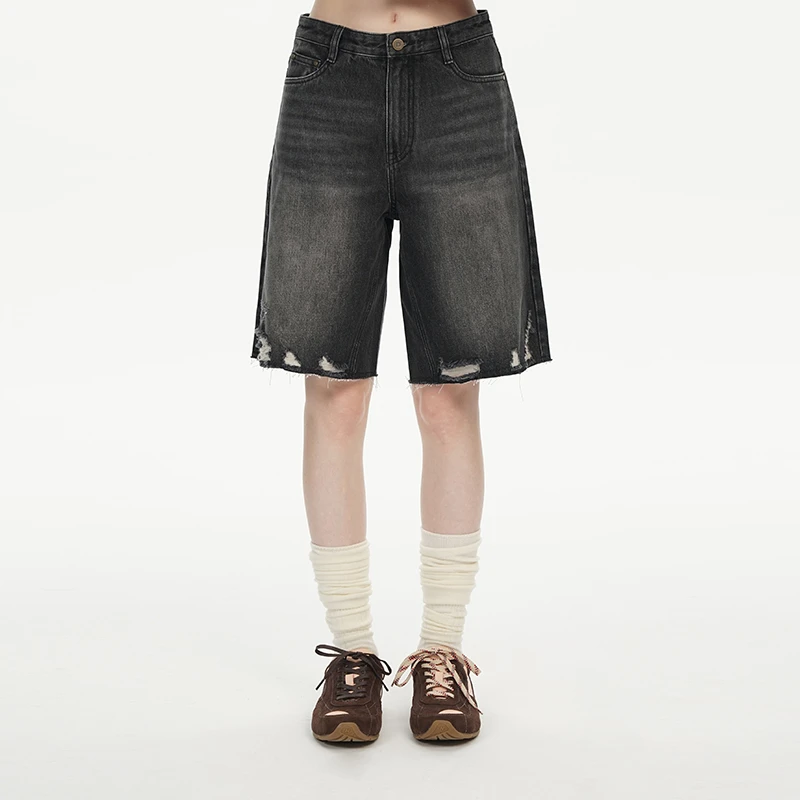 DNT/韩火火 复古破洞毛边时髦设计感阔腿牛仔短裤中长短裤2版情侣