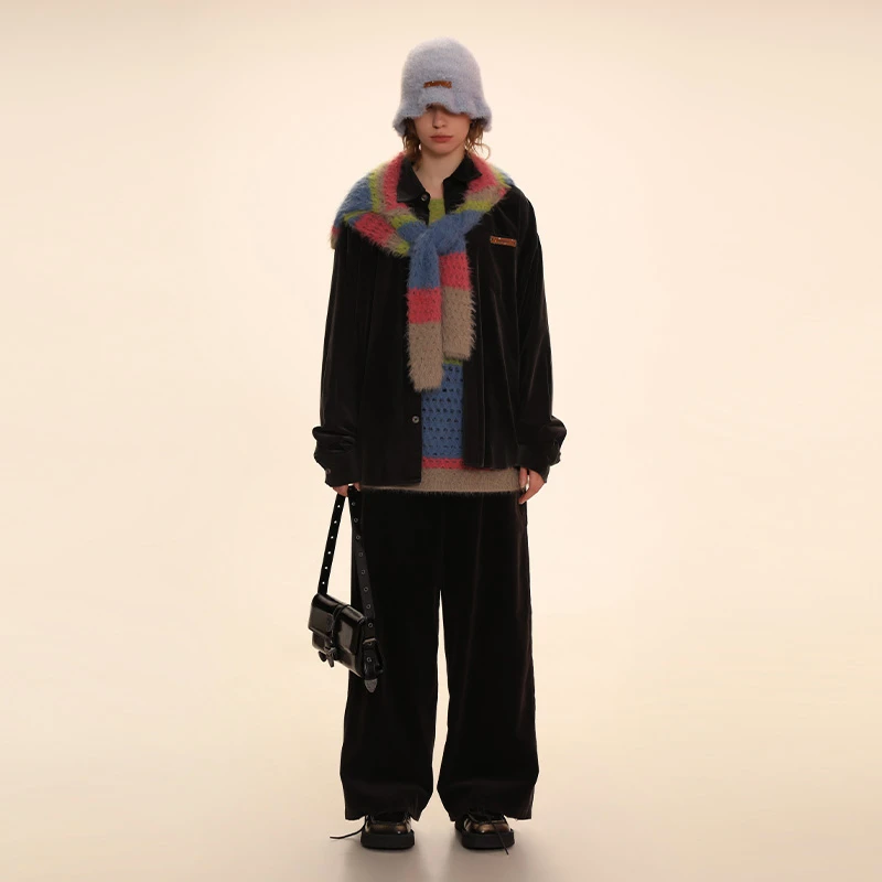 DNT/韩火火 灯芯绒纯色休闲皮标衬衫休闲裤两版宽松休闲简约秋季