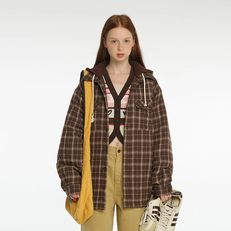 TIPSEVEN 原创设计复古休闲连帽格子夹棉衬衣外套纽扣宽松冬季新
