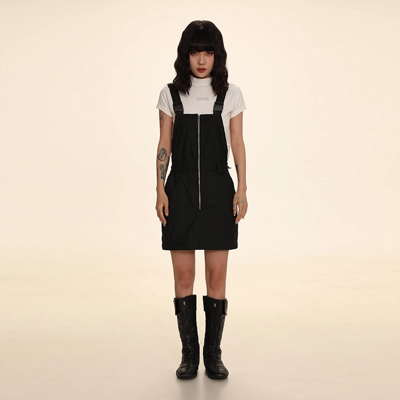 DNT/韩火火 美式风格休闲工装拉链收腰纯色两穿背带裙春秋新款