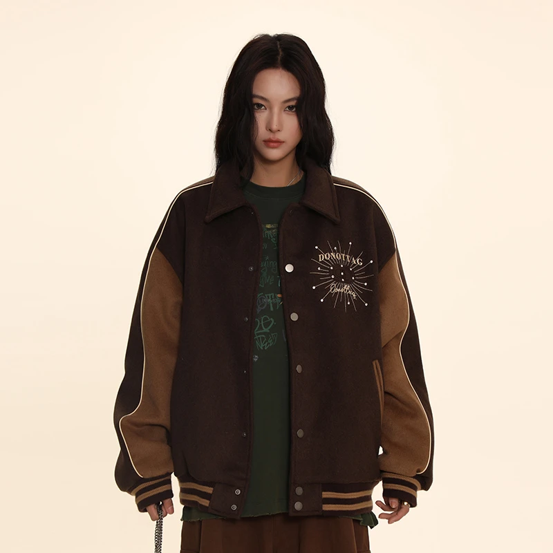 DNT/韩火火 重磅拼色钉钻毛呢棒球服学院风宽松情侣运动休闲新款