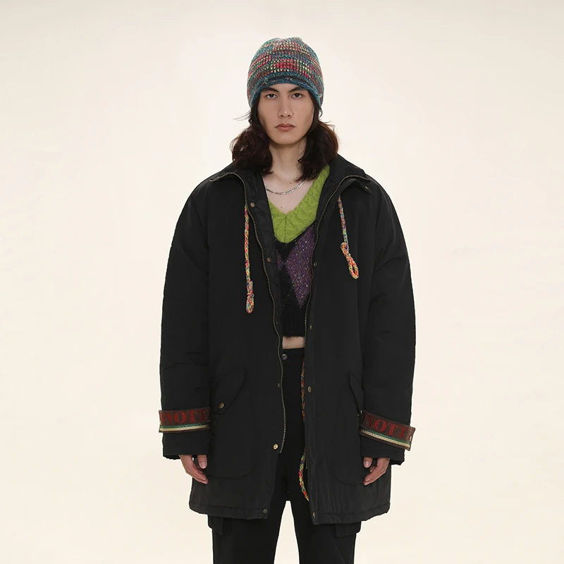 DNT/韩火火 宽松直筒显瘦纯色中长款彩绳棉衣外套2023秋冬