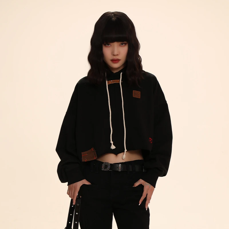 【秀款】DNT/韩火火美式辣妹皮标短款连帽卫衣短款运动休闲宽松秋冬