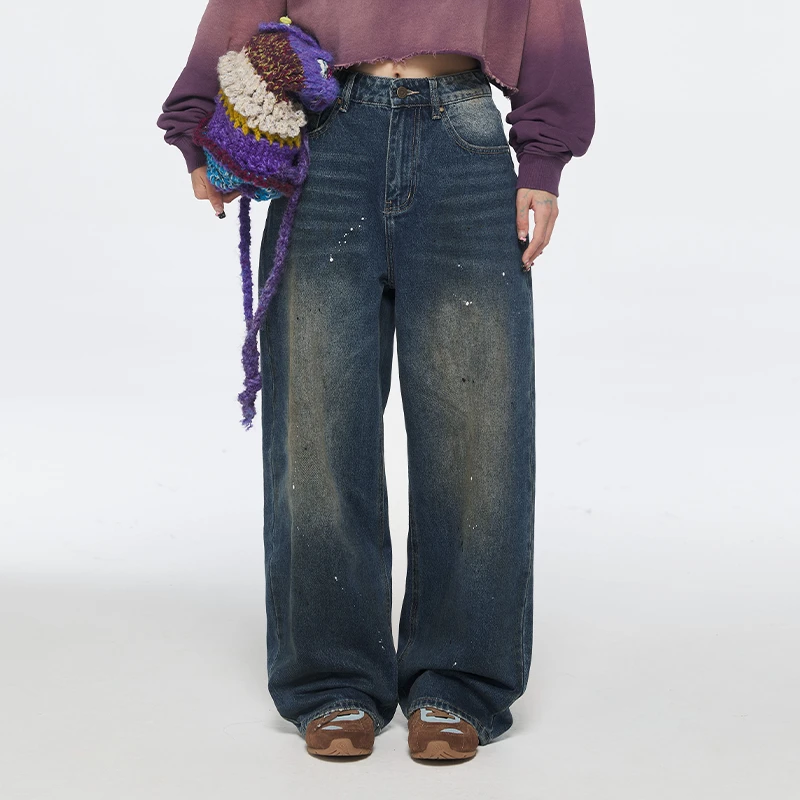 DNT/韩火火美式复古水洗喷马骝不规则甩点做旧胖萝卜型牛仔裤秋季