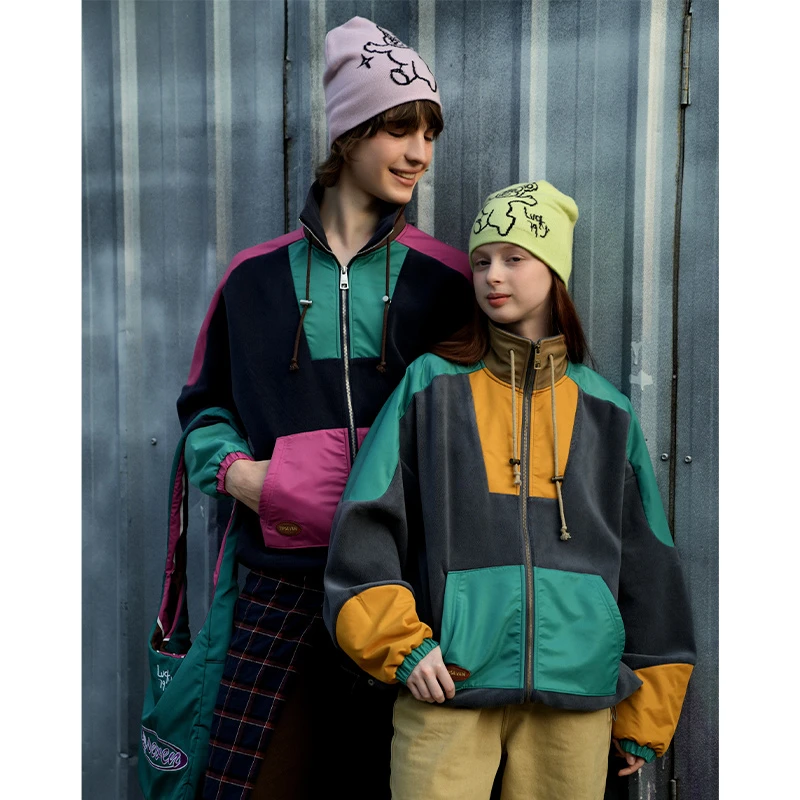 TIPSEVEN 原创设计撞色袋鼠兜摇粒绒抽绳立领外套拼接小众秋季新