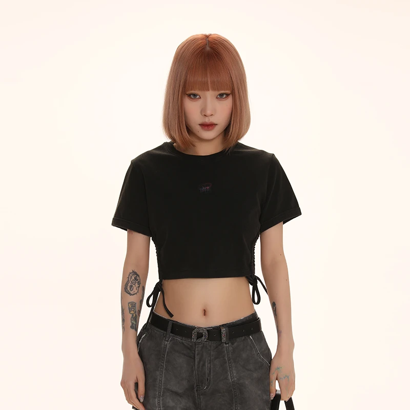 DNT/韩火火 设计感logo晕染抽绳圆领短袖辣妹露脐上衣T恤女2023夏