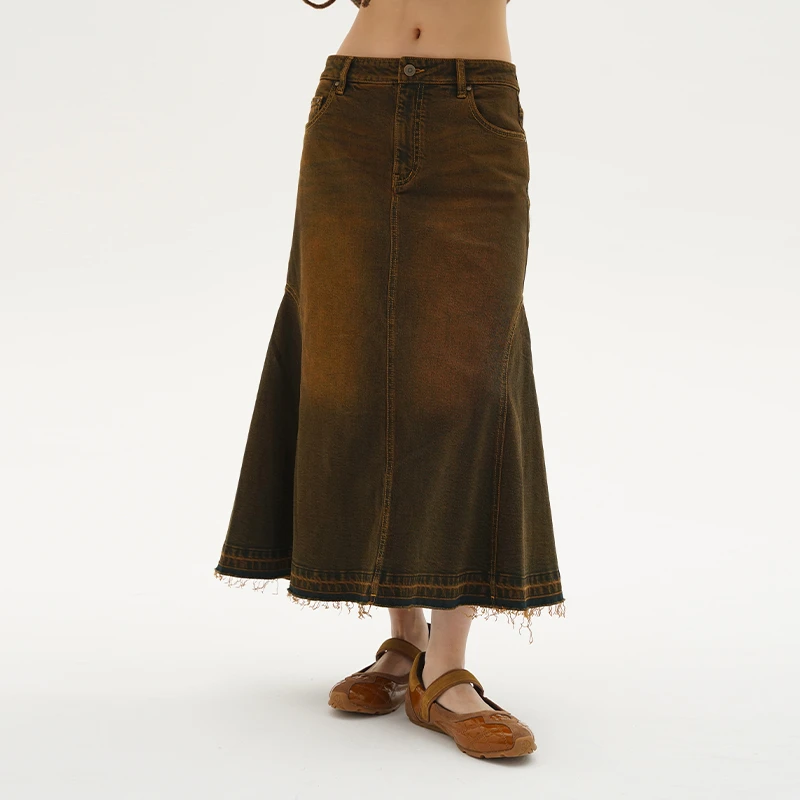 DNT/韩火火 美式复古怀旧风格大片喷马骝猫须鱼尾牛仔半身裙秋季