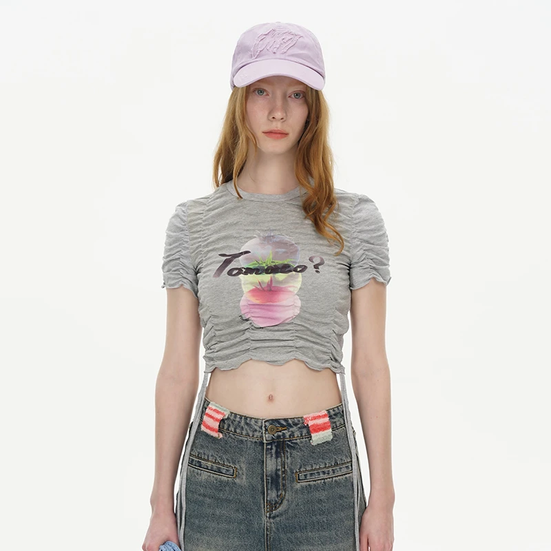 DNT/韩火火 夏日水果系列辣妹风印花百褶腰间系带修身短袖T恤新款