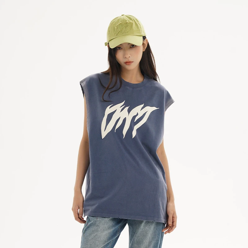 DNT/韩火火 春夏做旧复古字母火火logo印花无袖舒适背心2024春新