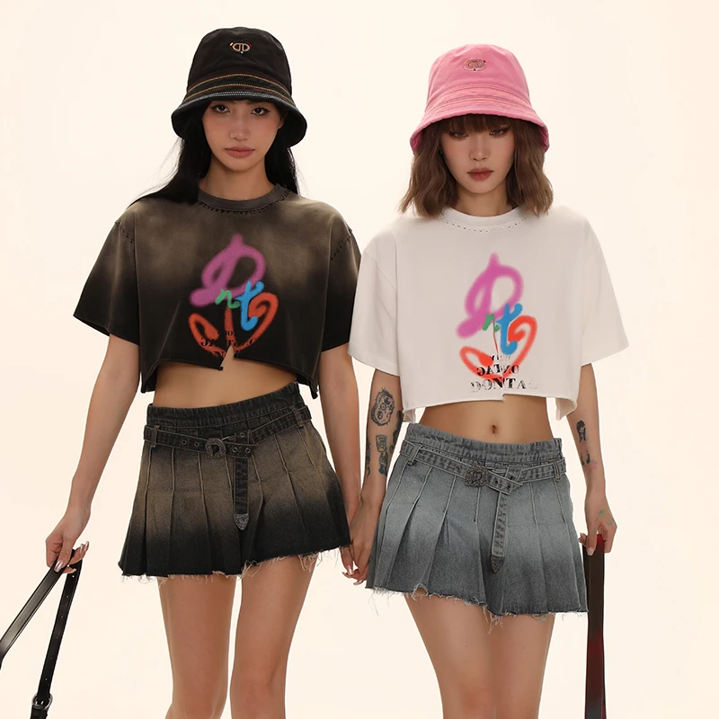 DNT/韩火火 个性彩色涂鸦短款甜辣圆领宽松短袖T恤上衣夏季新款