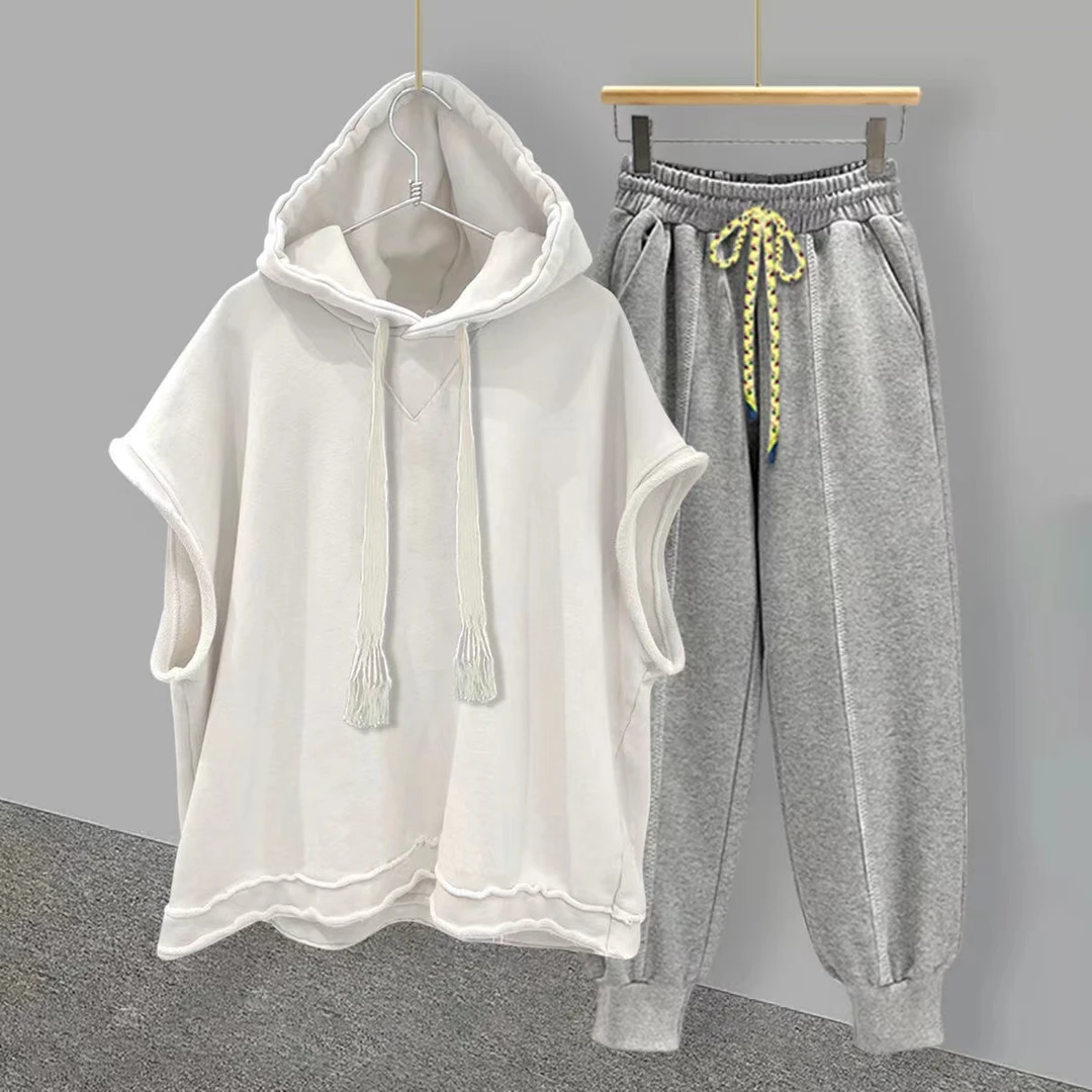 夏季休闲运动套装男女同款潮流帅气无袖T恤连帽坎肩背心搭配长裤