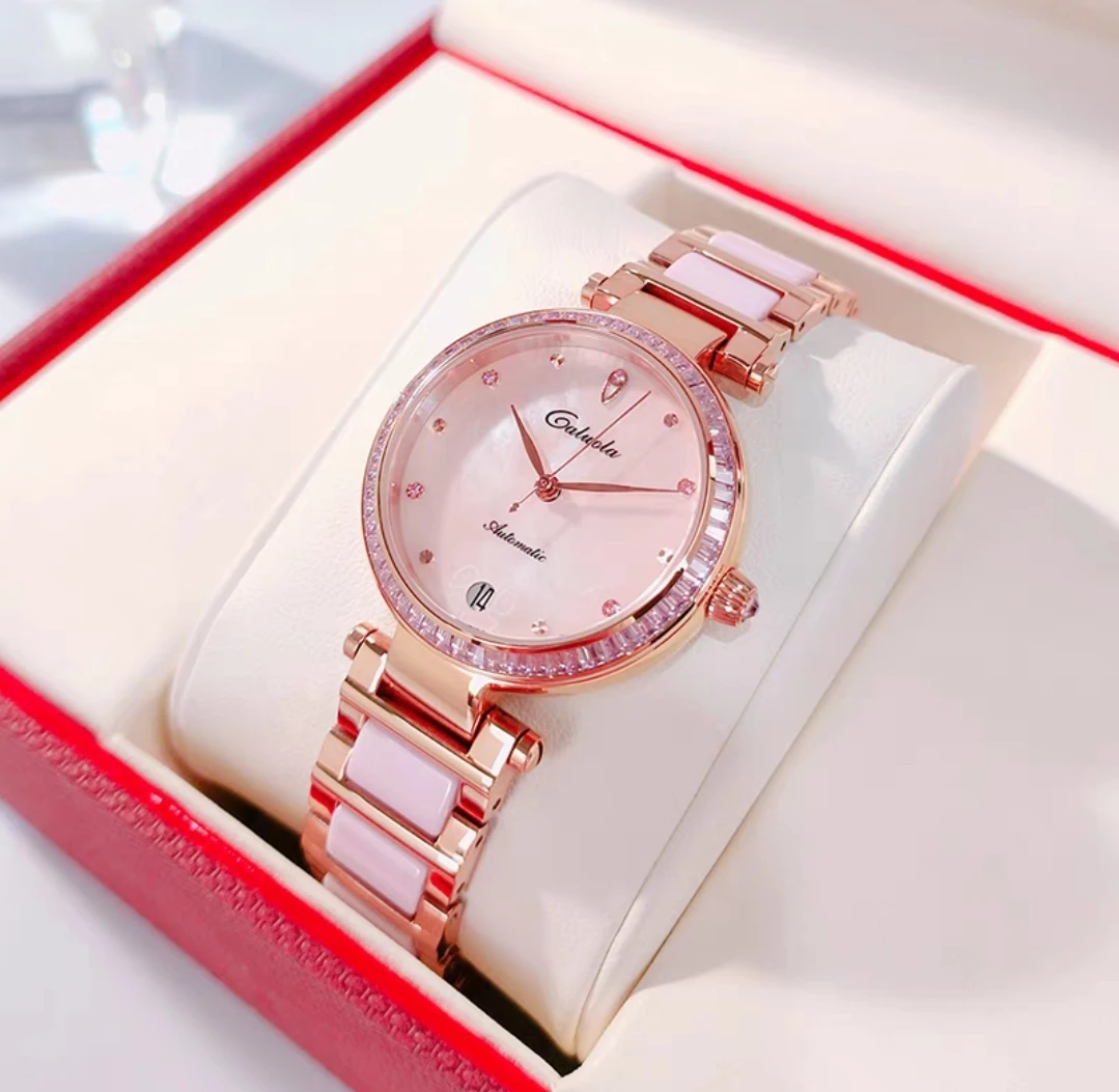 卡罗莱机械表高端腕表女士手表镶钻时尚机轻奢械表陶瓷女表气质