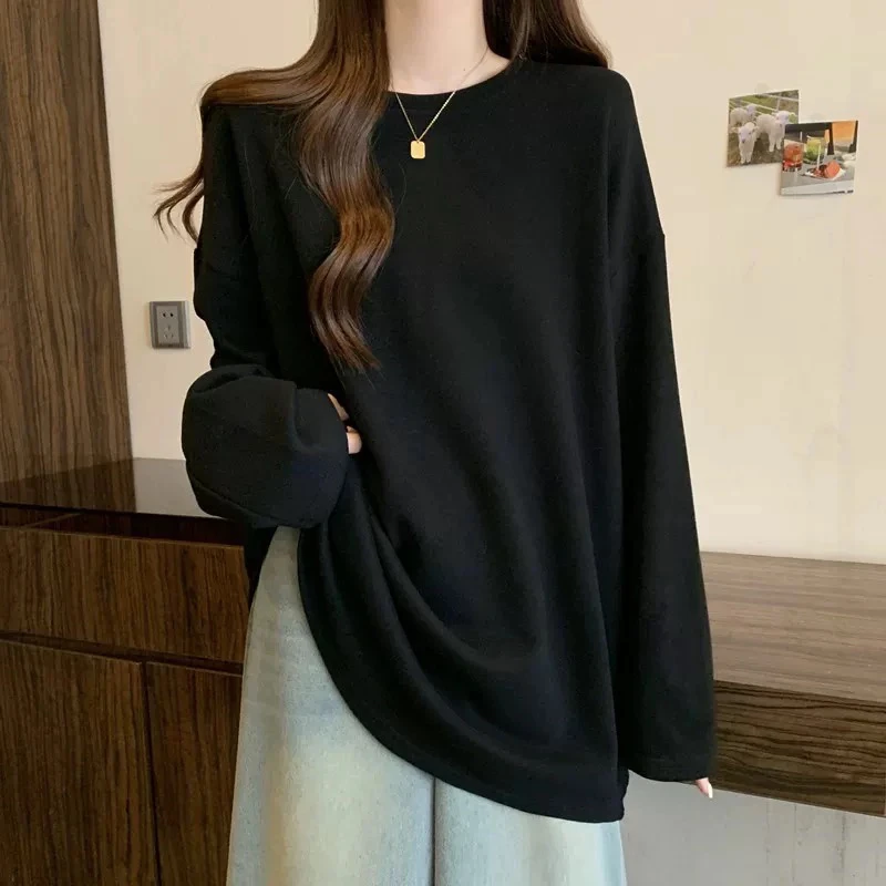 秋冬新款纯色宽松大版型中长款遮臀洋气百搭大众休闲女卫衣D018#