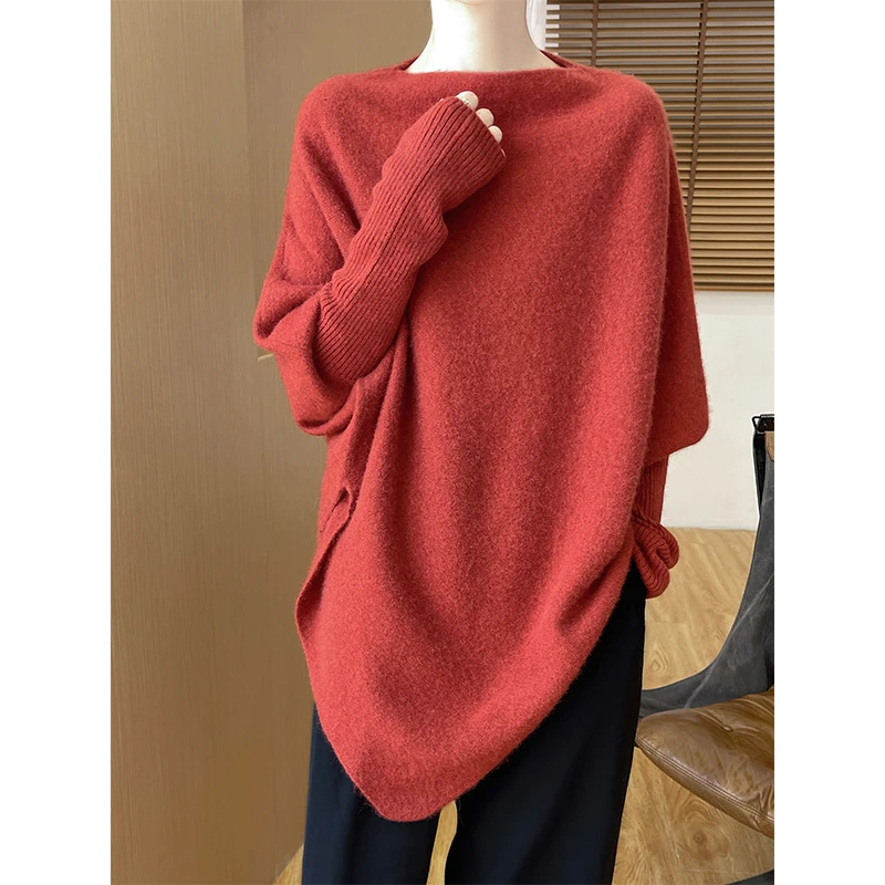 秋冬100纯羊毛衫女一字领三角大披肩套头宽松毛衣纯色百搭打底衫