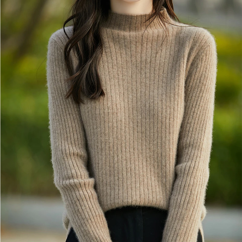 秋冬100纯羊毛衫女半高领纯色针织抽条毛衣百搭打底衫显瘦上衣潮