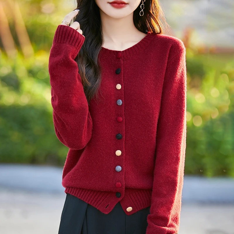 100纯羊毛开衫女加厚圆领彩色扣针织宽松外套显瘦百搭保暖毛衣潮