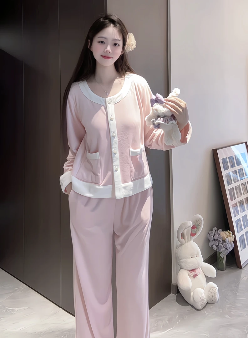 (芙蓉）秋冬季气质温柔小香风显瘦睡衣女长袖保暖家居服套装可外穿