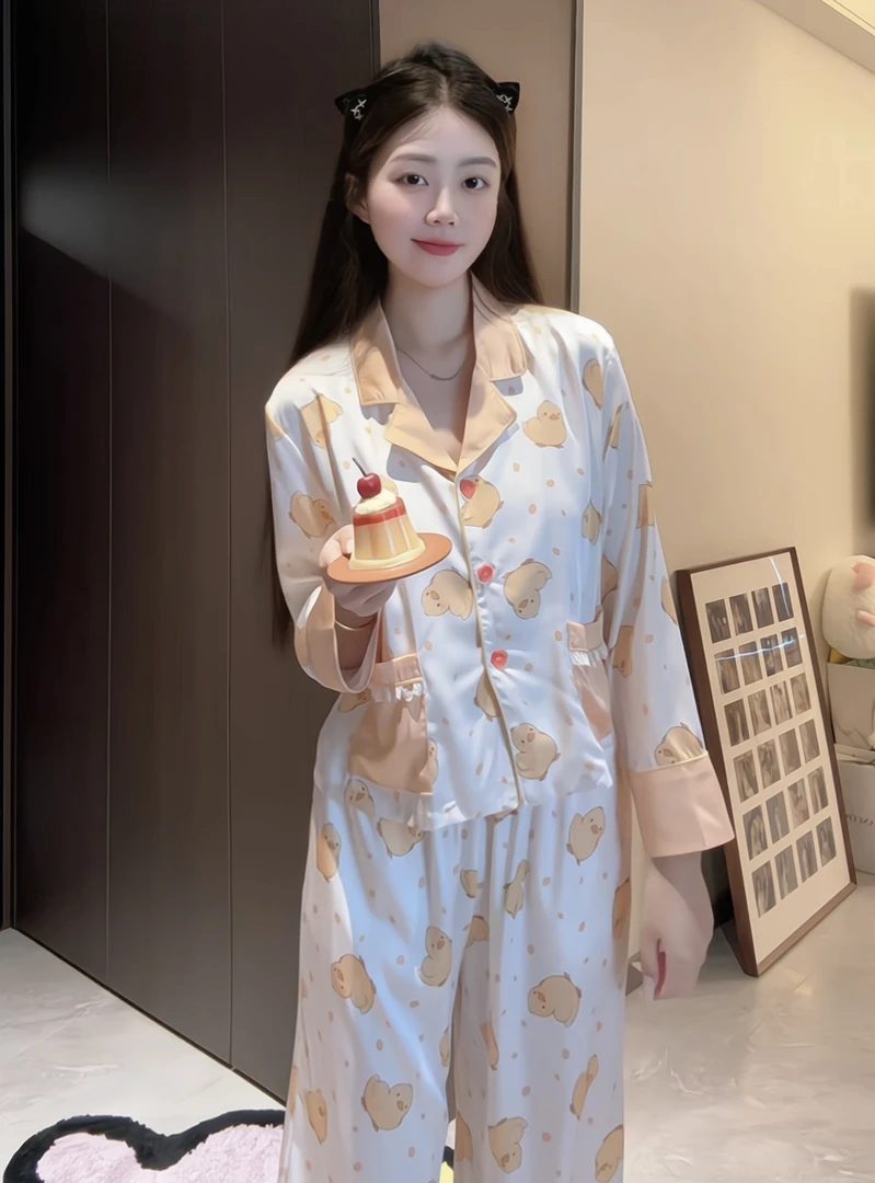 （可爱鸭）春秋季休闲气质感撞色扣亲肤睡衣套装女长袖家居服可外穿