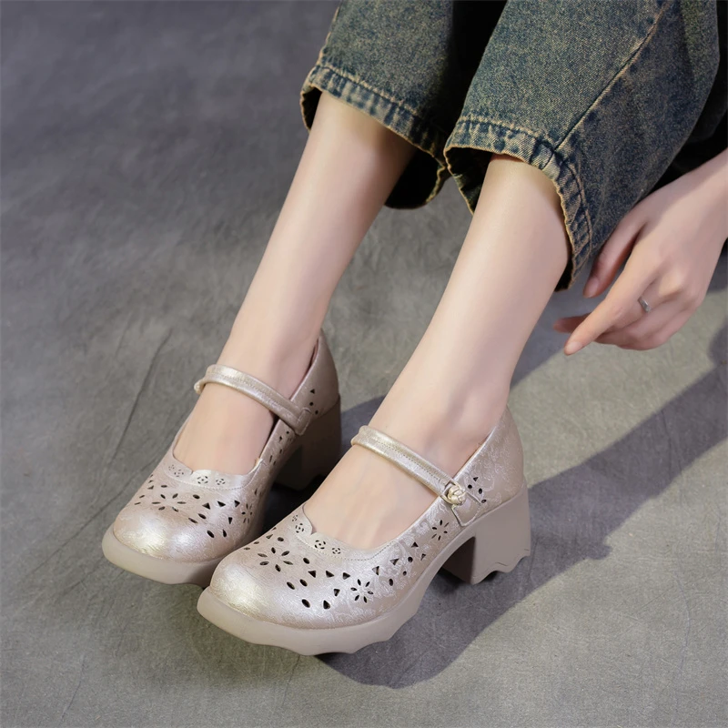 9986夏季高跟复古洞洞鞋新中式女鞋镂空透气中年女鞋软底妈妈鞋