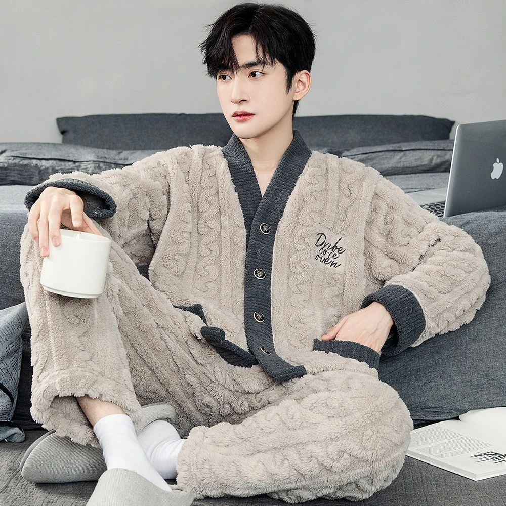 都市丽人睡衣男士秋冬季法兰绒开衫套装长袖加厚加绒保暖珊瑚绒家