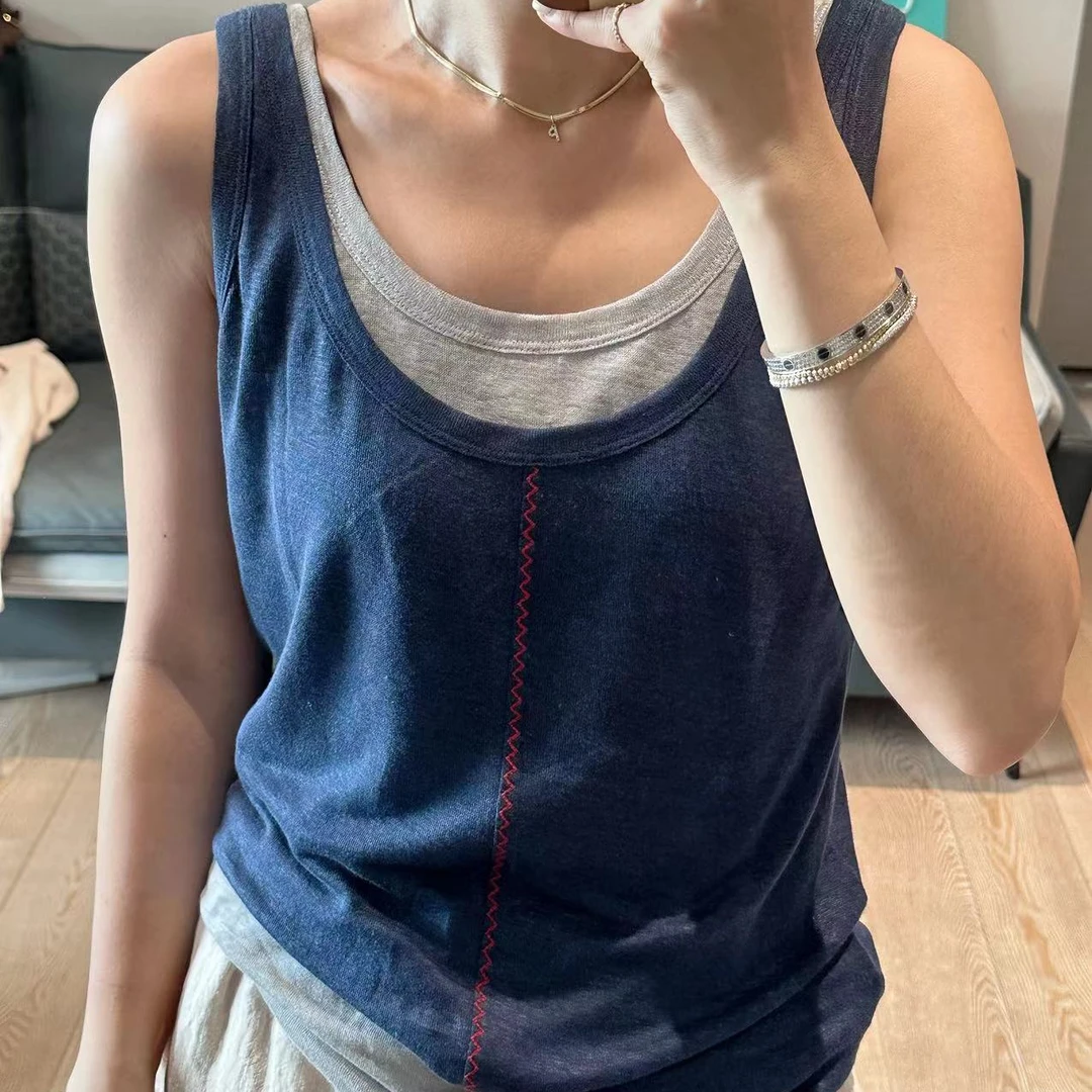 pp家 中间撞色明线刺绣设计纯亚麻背心 女士 可叠穿U领无袖上衣