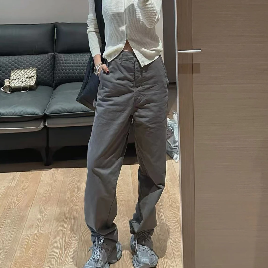 PP家 小M家同款犀牛灰色华达呢直筒休闲裤侧面口袋设计女士长裤