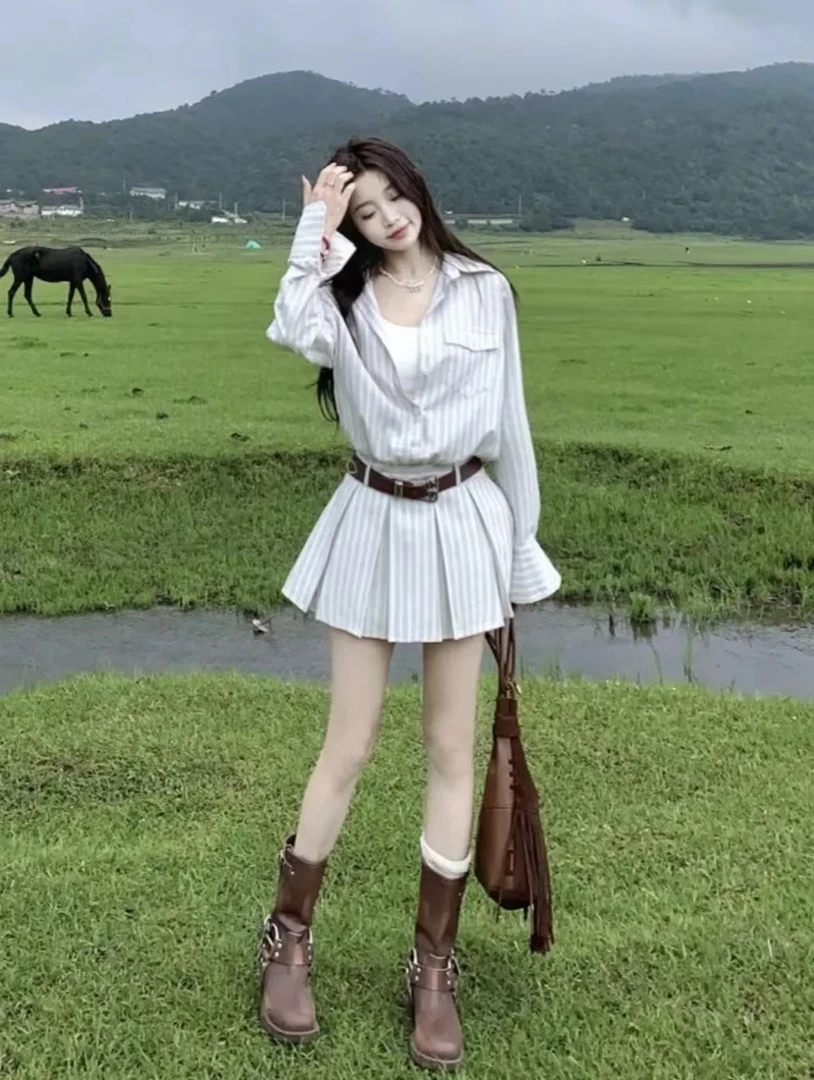 学院风旷野遐想老钱风长袖条纹衬衫连衣裙修身气质设计感收腰裙