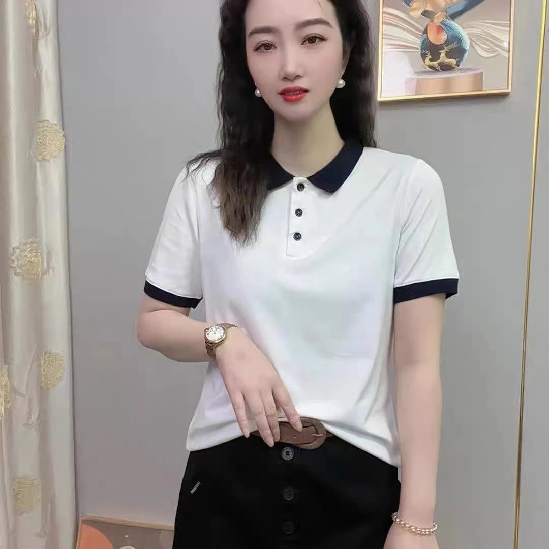 2024夏季新款宽松正肩短袖T恤女百搭减龄翻领体恤时尚polo衫上衣
