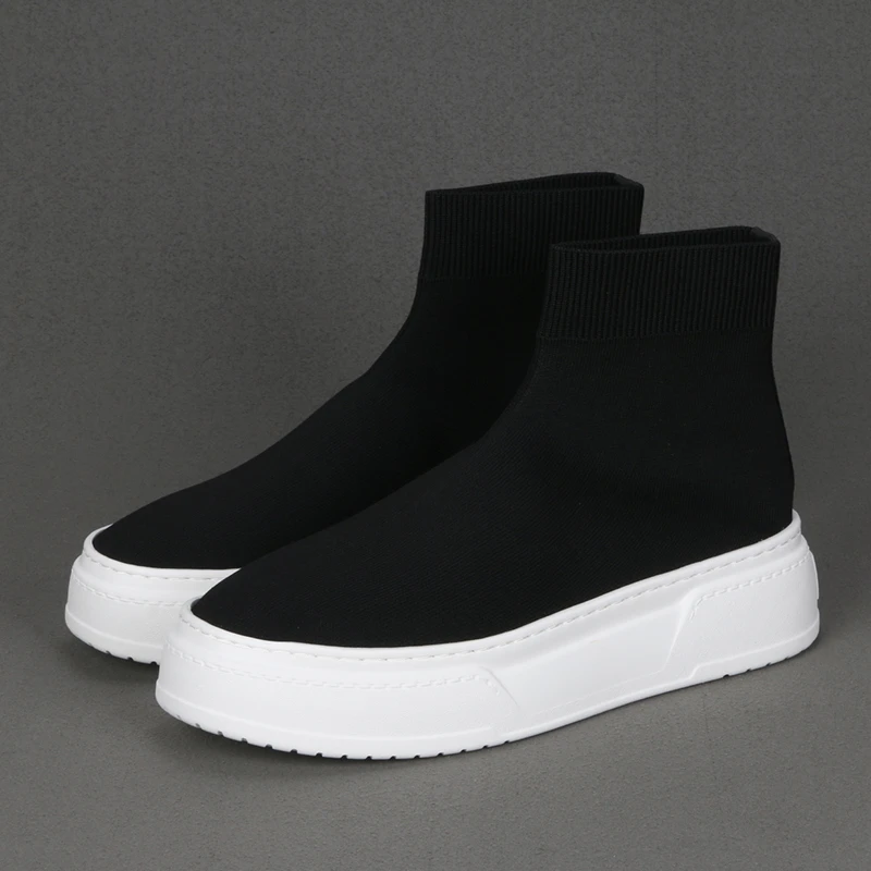 新款百搭时尚飞织网布男士潮鞋轻便时尚厚底增高休闲一脚蹬袜子鞋