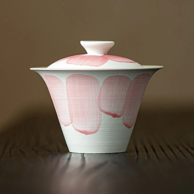 手绘粉色盖碗 新款日式诧寂风 茶具 手工粗陶茶碗