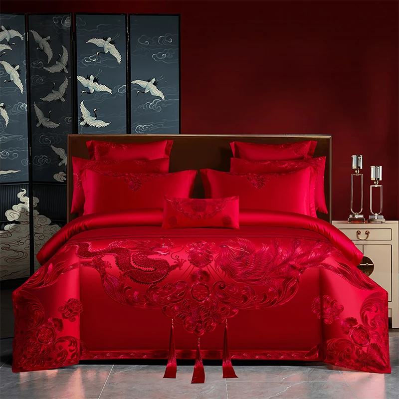 水星系列新款婚庆结婚四件套刺绣婚庆四件套大红陪嫁嫁妆床上用品