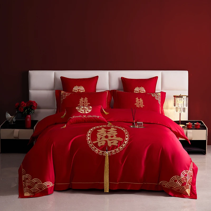 水星系列秋冬新款亲肤磨毛婚庆四件套全棉被套床单大红陪嫁嫁妆